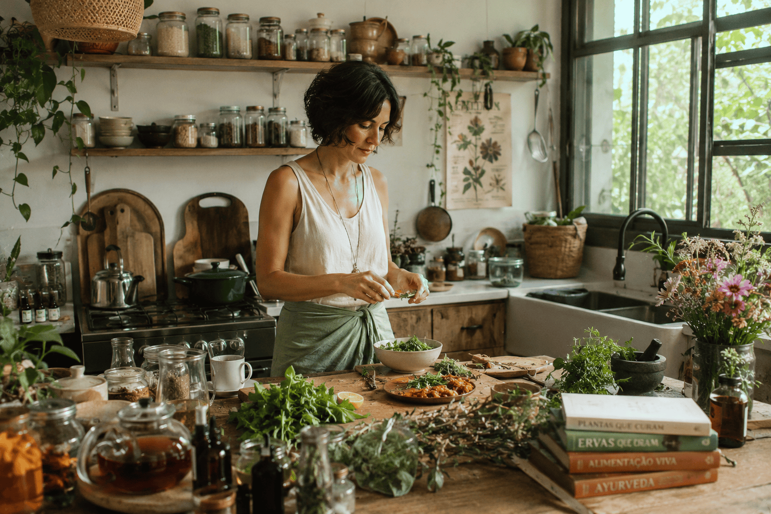 Mulher em uma cozinha viva com ervas, chás, alimentos, especiarias, livros e preparações naturais