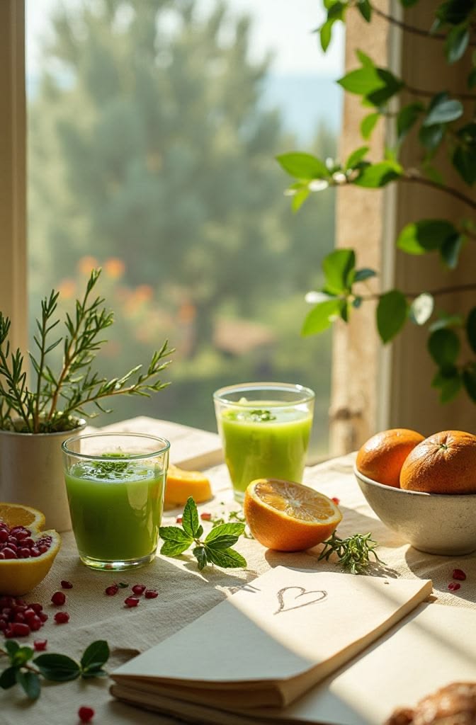 Mesa iluminada com alimentos, frutas, ervas e caderno, representando os diferentes fatores que participam da saúde